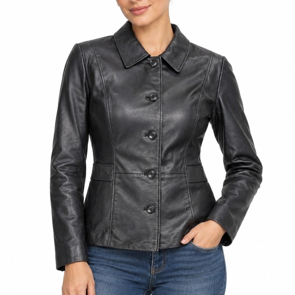 Croft & Barrow Black Leather Jacket Womens L Button Front Blazer Classic Coat